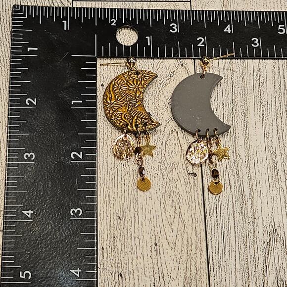 Moon Dangle Earrings Mushroom Embossed Boho Cottagecore Witchy Polymer Clay - Picture 3 of 5
